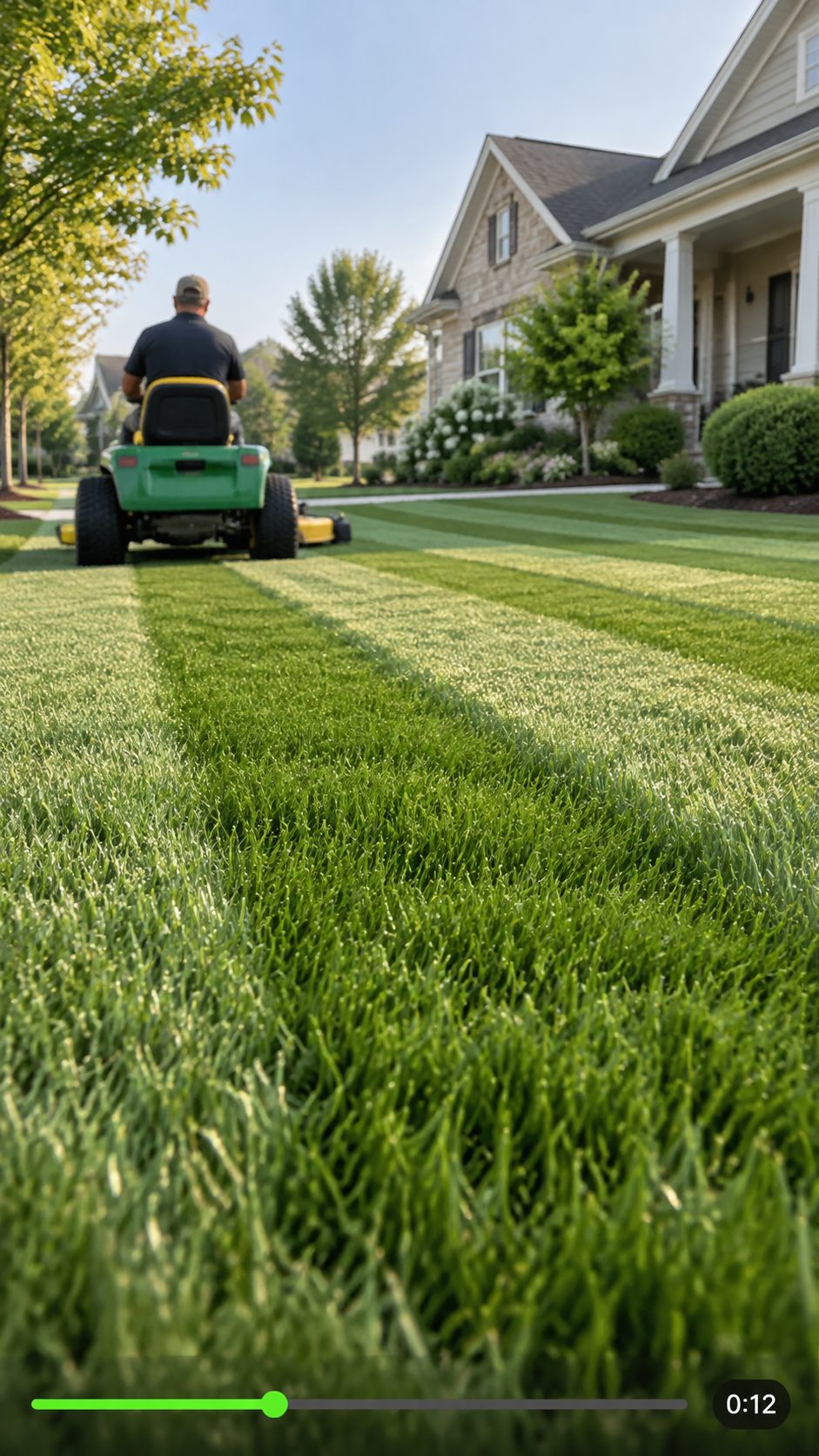 Mower leaving stripes on a lawn, video style frame